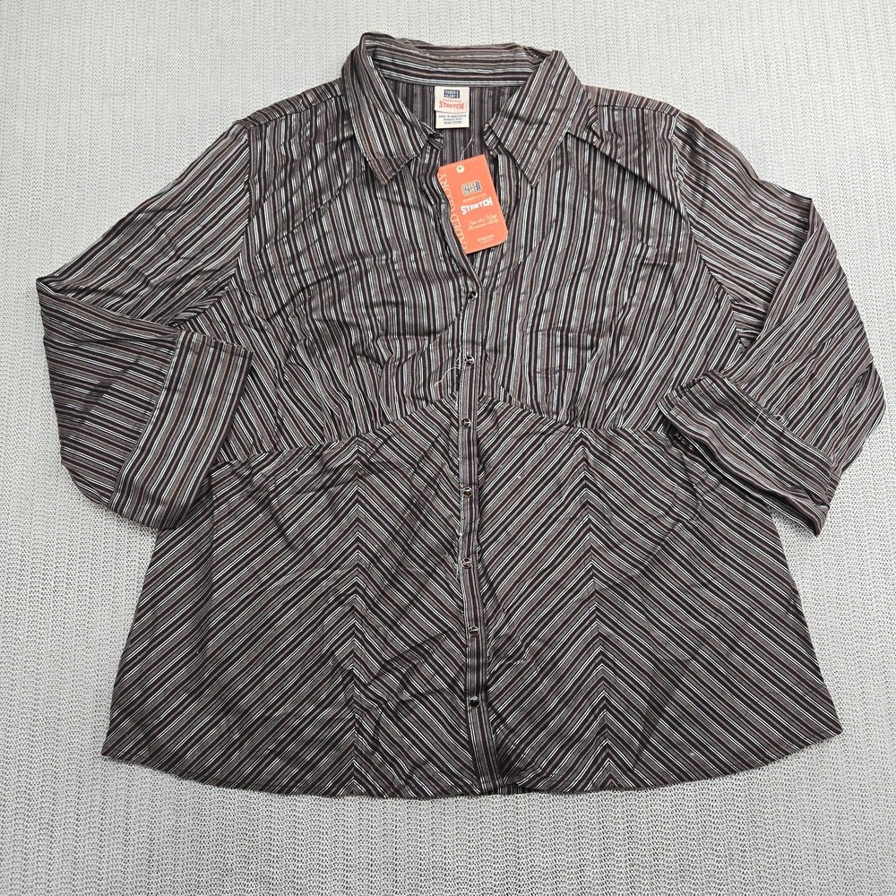 Faded Glory Shirt Womens Plus 18W 20W Brown Striped Button Down Stretch Top